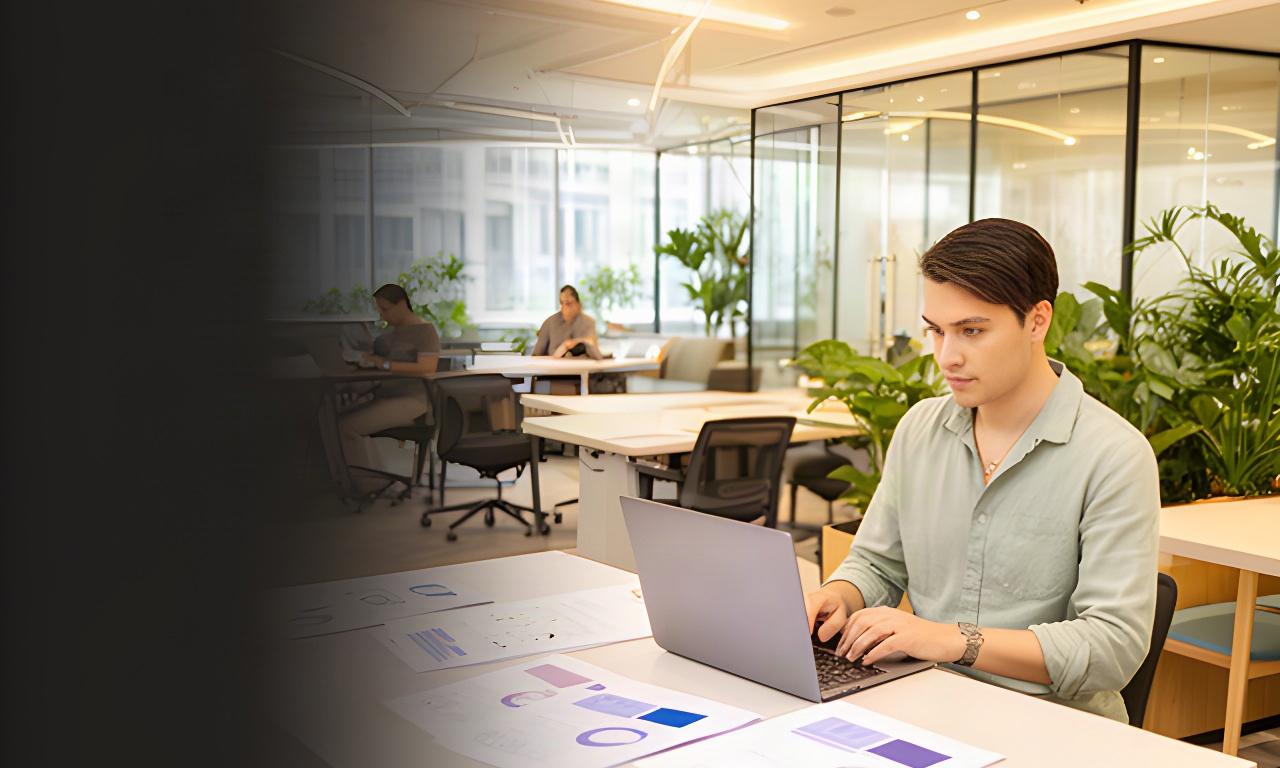Manager reviewing occupancy and facilities costs in a bright Singapore co-working lounge