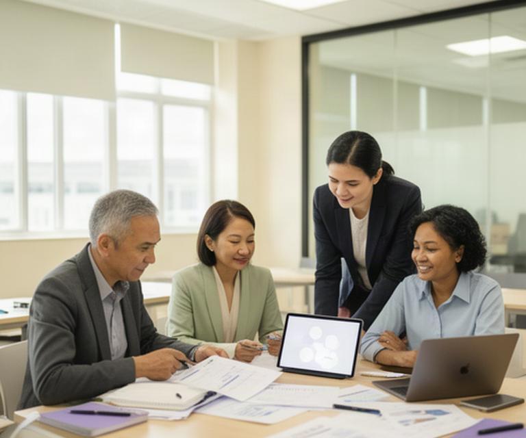 Adult learners and trainer reviewing lesson materials in a bright Singapore training room